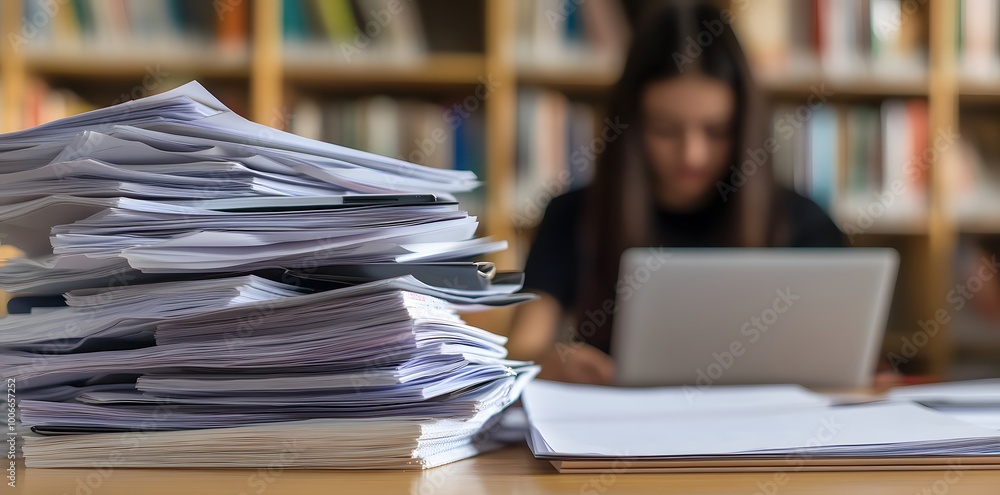 Close-up stack of study notes on a desk in a library, blurred student studying with a laptop in the background Close-up stack of study notes on a desk in a library, blurred student studying with a laptop in the background