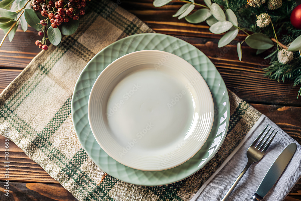 An empty white plate on a plaid cloth. A fork is on the side. The scene is set on a wooden table An empty white plate on a plaid cloth. A fork is on the side. The scene is set on a wooden table