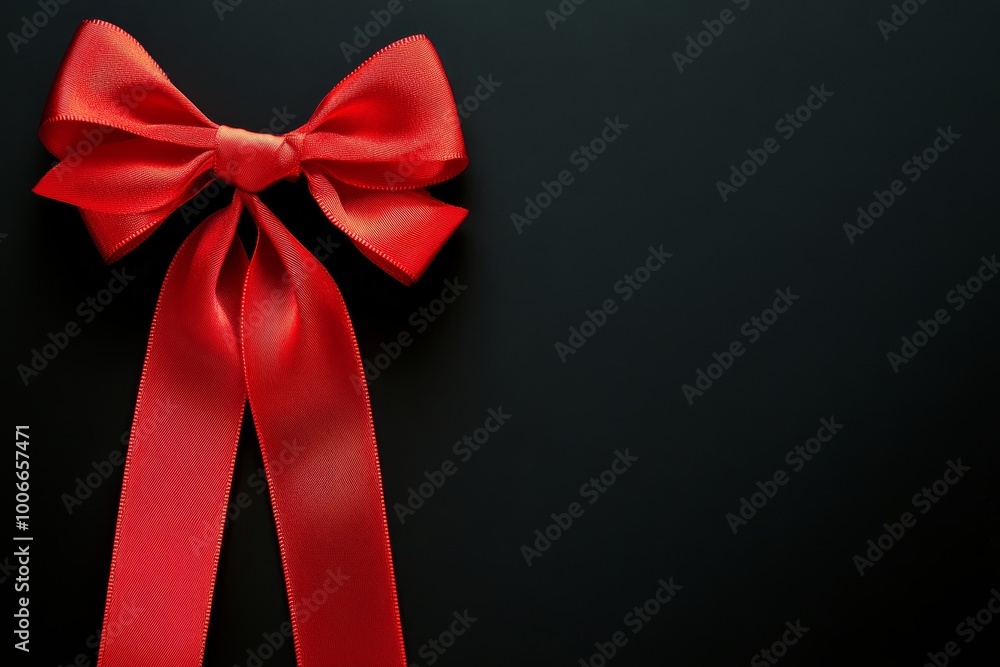 A striking red ribbon bow stands out against a black backdrop, representing the elegance of gift-giving and celebration. A striking red ribbon bow stands out against a black backdrop, representing the elegance of gift-giving and celebration.