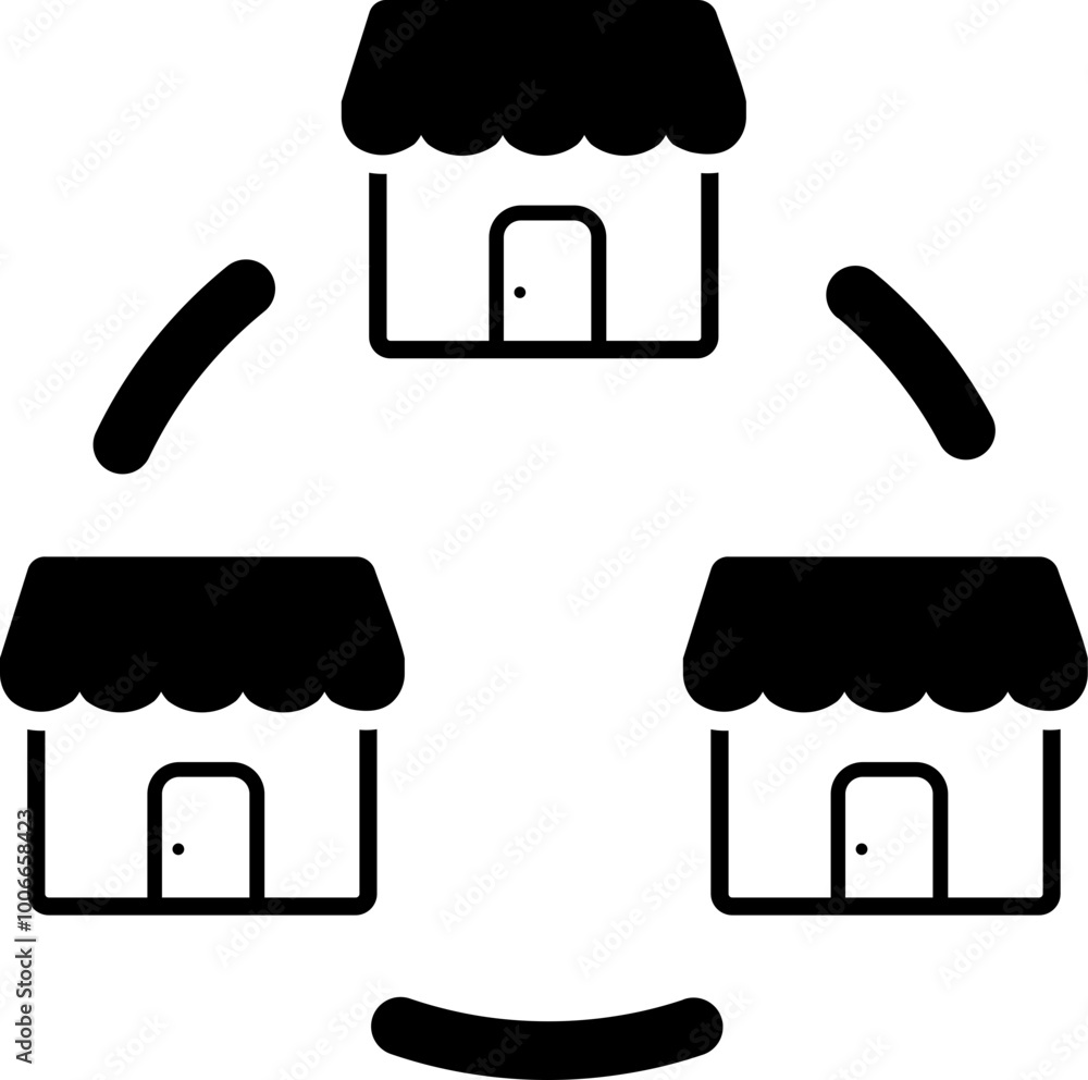 Vetor de Simple black and white icon of a storefront with two curved lines connecting to two ...