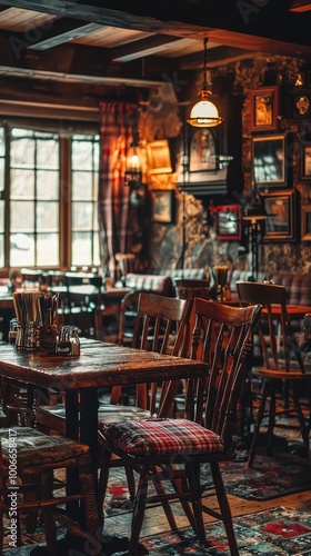 Cozy and rustic interior of a warm restaurant with wooden tables, patterned chairs, and soft lighting, inviting relaxation and warmth.