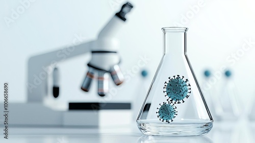 Genetically engineered microbes in clear flasks, surrounded by a backdrop of clean white surfaces and advanced monitoring tools photo