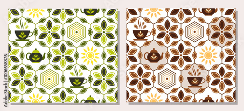 Set of geometric patterns with tea icons, leaves, hot mug, teapot, sun in hexagonal grid. Retro simple style. For branding, decoration of food package, kitchen textile