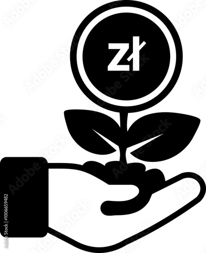 A black and white illustration of a flower with a coin in the center. The coin has the symbol "zł" on it.