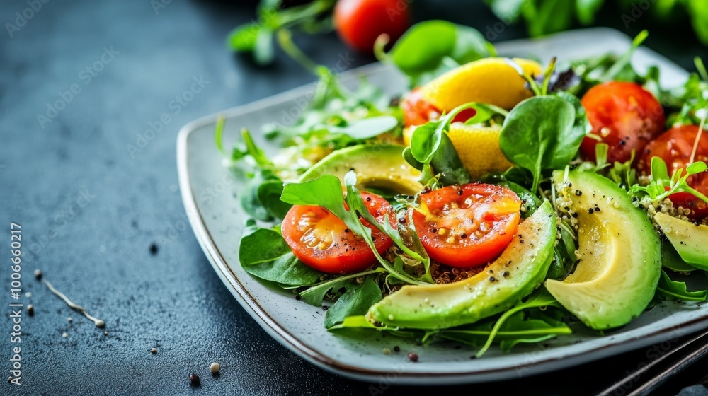 A quinoa salad is beautifully arranged with sliced avocado, cherry tomatoes, and leafy greens, finished with fresh microgreens and a lemon dressing for added zest A quinoa salad is beautifully arranged with sliced avocado, cherry tomatoes, and leafy greens, finished with fresh microgreens and a lemon dressing for added zest
