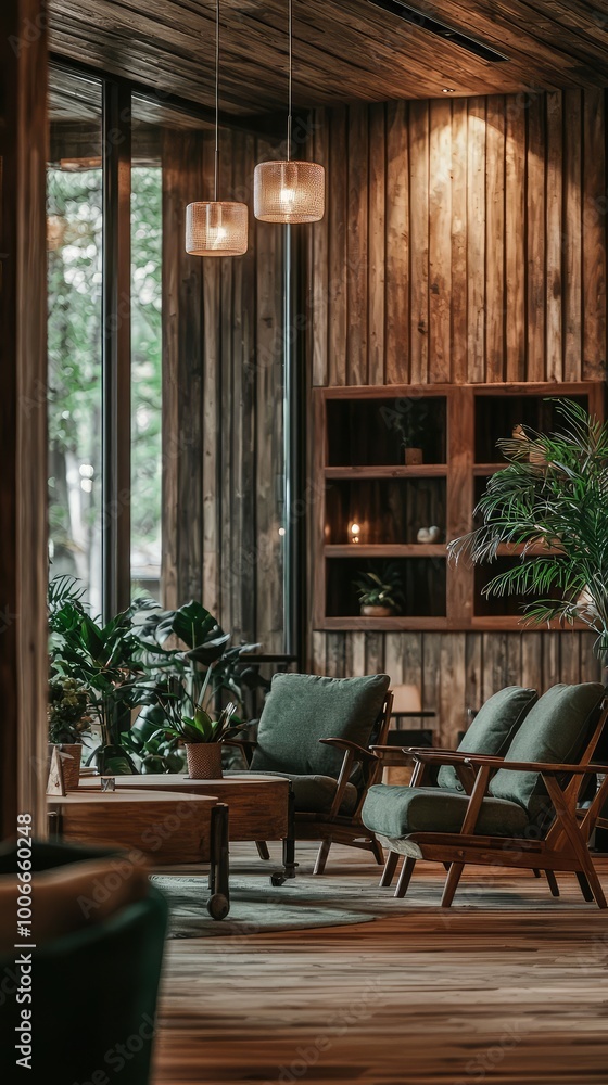 Fototapeta premium Cozy interior featuring wooden walls, stylish furniture, and lush plants, creating a warm and inviting atmosphere.