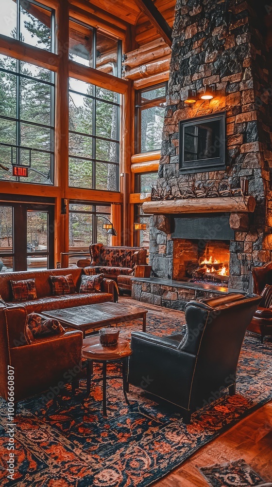 Cozy lodge interior featuring a stone fireplace, wooden beams, and comfortable seating, perfect for relaxation and warmth. Cozy lodge interior featuring a stone fireplace, wooden beams, and comfortable seating, perfect for relaxation and warmth.