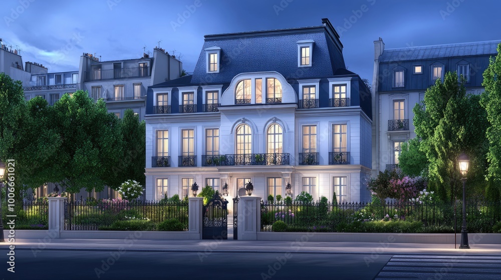 The night reveals a tall apartment building featuring Parisian-style architecture, with one window casting a warm glow against the darkened surroundings The night reveals a tall apartment building featuring Parisian-style architecture, with one window casting a warm glow against the darkened surroundings