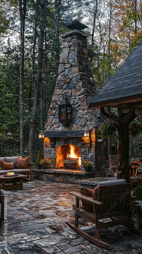 Obraz premium Cozy outdoor fireplace surrounded by stone and wood, nestled in a peaceful forest setting, perfect for relaxation and warmth.