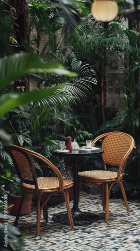 Cozy outdoor cafe setting surrounded by lush greenery, featuring two chairs and a small table, perfect for relaxation.