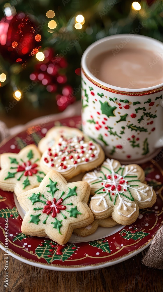 Delicious decorated cookies on a festive plate with hot cocoa, perfect for holiday celebrations and cozy winter gatherings. Delicious decorated cookies on a festive plate with hot cocoa, perfect for holiday celebrations and cozy winter gatherings.