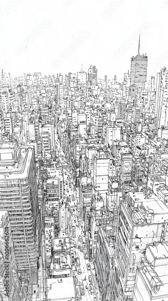 Obraz premium Detailed black and white sketch of a bustling city skyline, showcasing numerous buildings and a vibrant urban atmosphere.