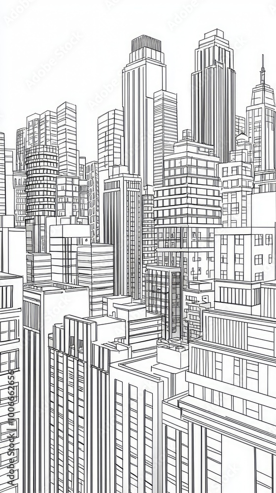 Naklejka premium Detailed line drawing of a city skyline featuring towering buildings and urban architecture.