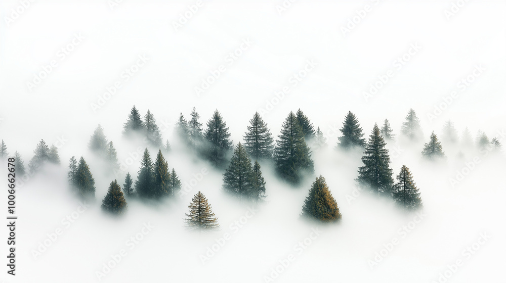 Obraz premium A misty forest with tall trees reaching up into the clouds.