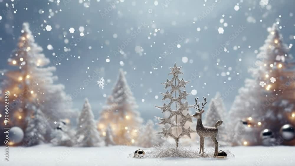 Silver reindeer figurine is standing in a snowy forest with christmas trees covered by snow and decorated with lights, creating a magical christmas atmosphere Silver reindeer figurine is standing in a snowy forest with christmas trees covered by snow and decorated with lights, creating a magical christmas atmosphere