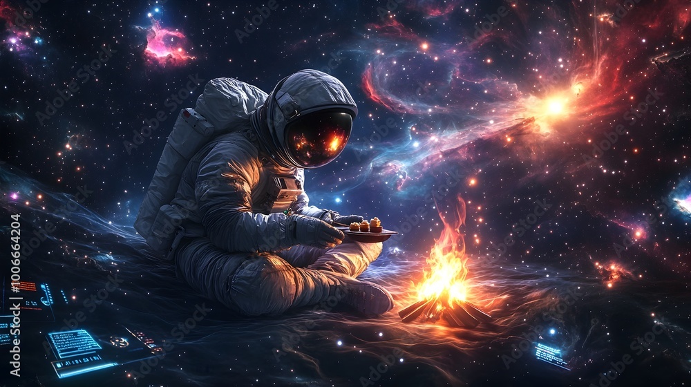 Lone Astronaut Roasting Marshmallows in Boundless Interstellar Expanse