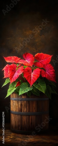 A beautifully centered Fannie Munson Caladium elephant ear plant in a detailed photo