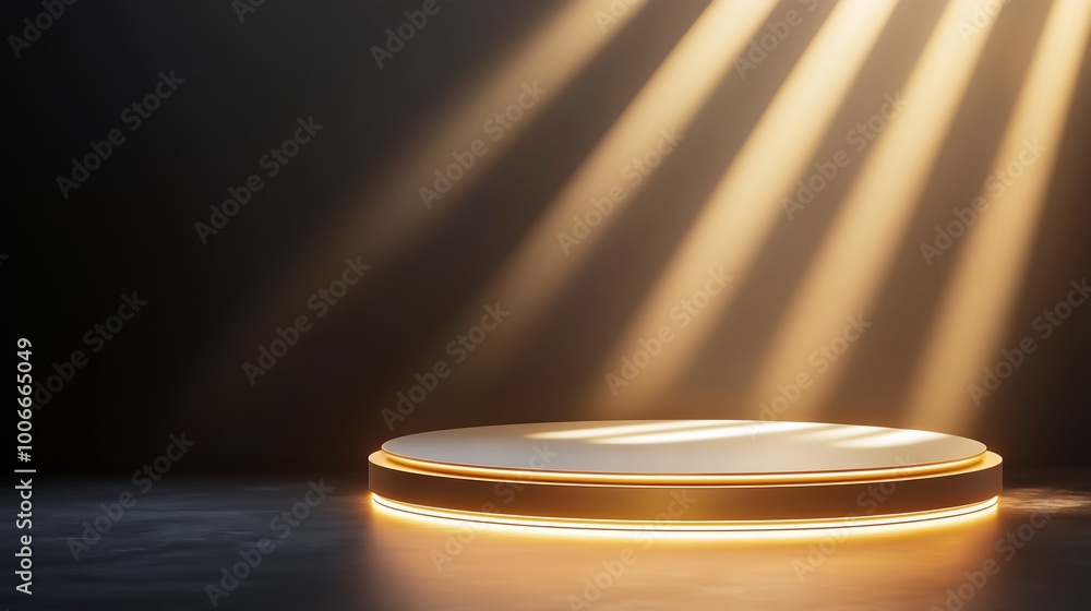 Elegant 3D podium with a soft spotlight on a dark background ideal for showcasing premium products with a luxurious feel Elegant 3D podium with a soft spotlight on a dark background ideal for showcasing premium products with a luxurious feel