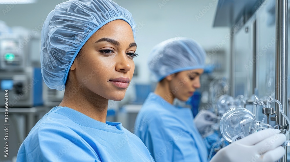 Focused laboratory technician wearing a hairnet and gloves, working meticulously in a clean and modern lab environment. Focused laboratory technician wearing a hairnet and gloves, working meticulously in a clean and modern lab environment.