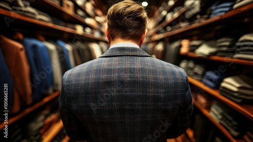 Interior of an upscale mens boutique, featuring a wardrobe filled with expensive suits Clean, modern design with soft lighting, exuding elegance and highend fashion appeal