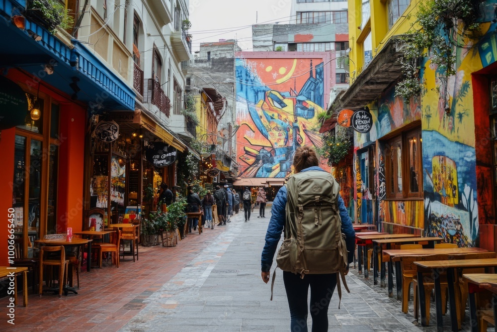 Obraz premium A vibrant street full of color and character. This scene captures a person exploring an artistic neighborhood. A perfect spot for travel and adventure lovers. Generative AI