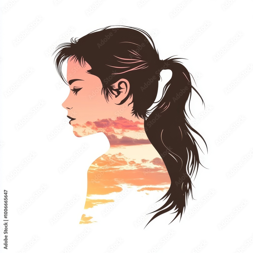 An Asian woman silhouette, flowers, nature, plants, hair, clouds, sky, surreal and oriental designs An Asian woman silhouette, flowers, nature, plants, hair, clouds, sky, surreal and oriental designs