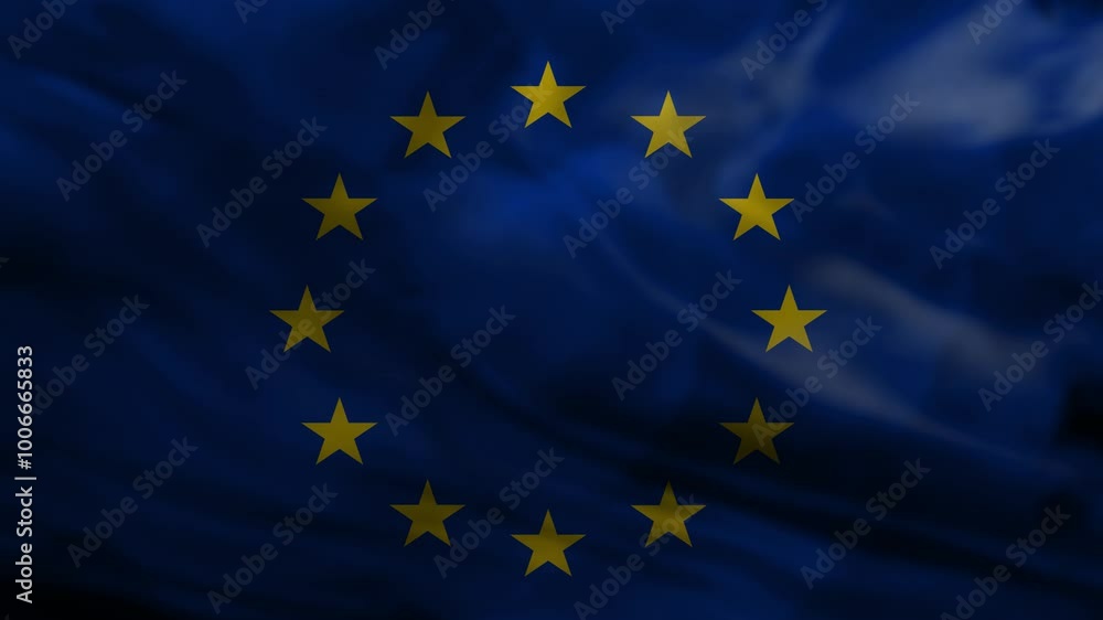 Slow motion waving European Union (EU) flag. Low key 3D photorealistic animation. 4K. Slow motion waving European Union (EU) flag. Low key 3D photorealistic animation. 4K.