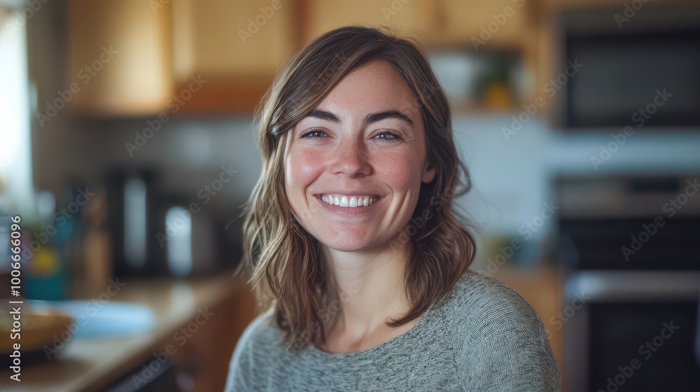 Smiling Woman in Cozy Kitchen Smiling Woman in Cozy Kitchen