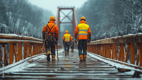 construction workers working on a bridge in the winter, photo