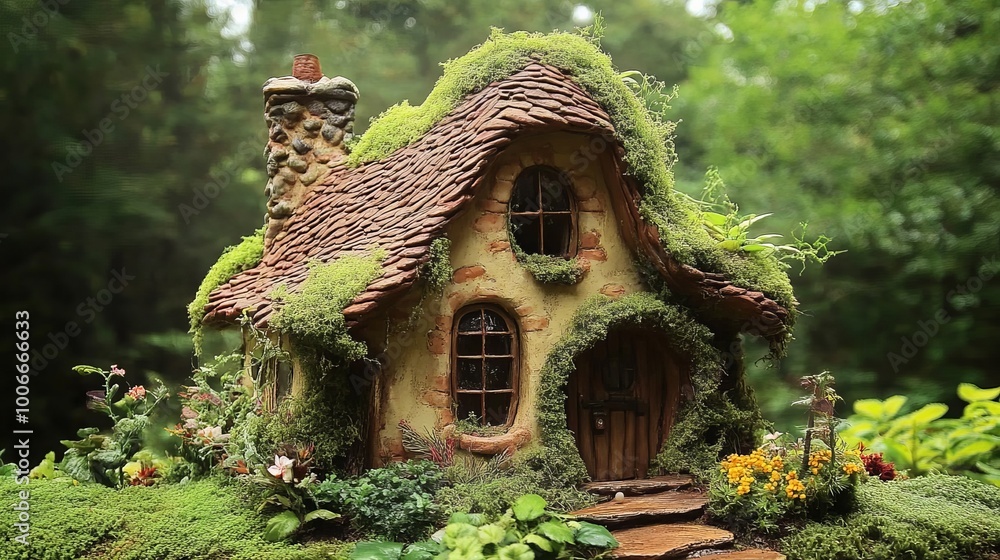 Charming Enchanted Fairy House Nestled Among Lush Greenery and Colorful Flowers in a Magical Woodland Setting Charming Enchanted Fairy House Nestled Among Lush Greenery and Colorful Flowers in a Magical Woodland Setting