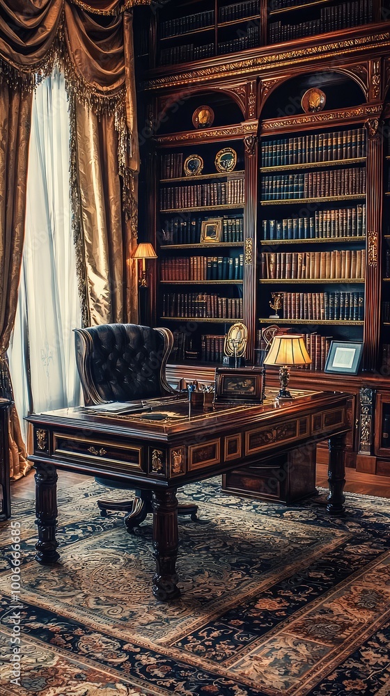 Elegant home office featuring a wooden desk, library, and classic decor, perfect for creating a cozy workspace. Elegant home office featuring a wooden desk, library, and classic decor, perfect for creating a cozy workspace.