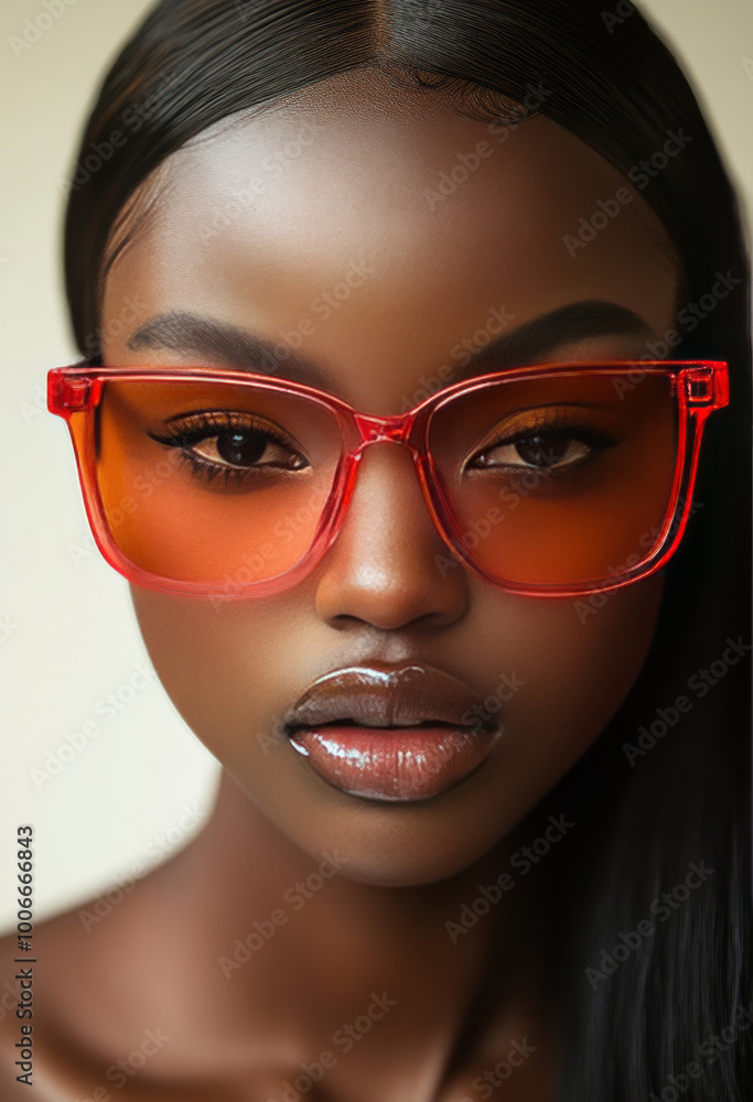 Close-up, frontal view of an African American woman wearing clear, red-framed sunglasses with a square shape and thin rims. Close-up, frontal view of an African American woman wearing clear, red-framed sunglasses with a square shape and thin rims.