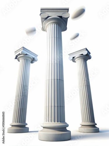 Floating Democratic Pillars: A Wide Shot of Classical Pillars Hovering in Balance, Showcasing Engraved Principles of Democracy on a White Background