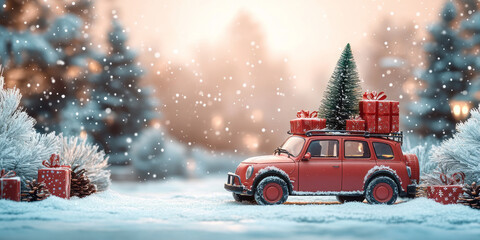 Deken met foto Kerstmis motieven patronen Christmas decoration with a toy car carrying a Christmas tree and gifts in the snow in a winter park.  © JKLoma