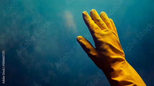 Yellow glove worn on a hand pointing upward.