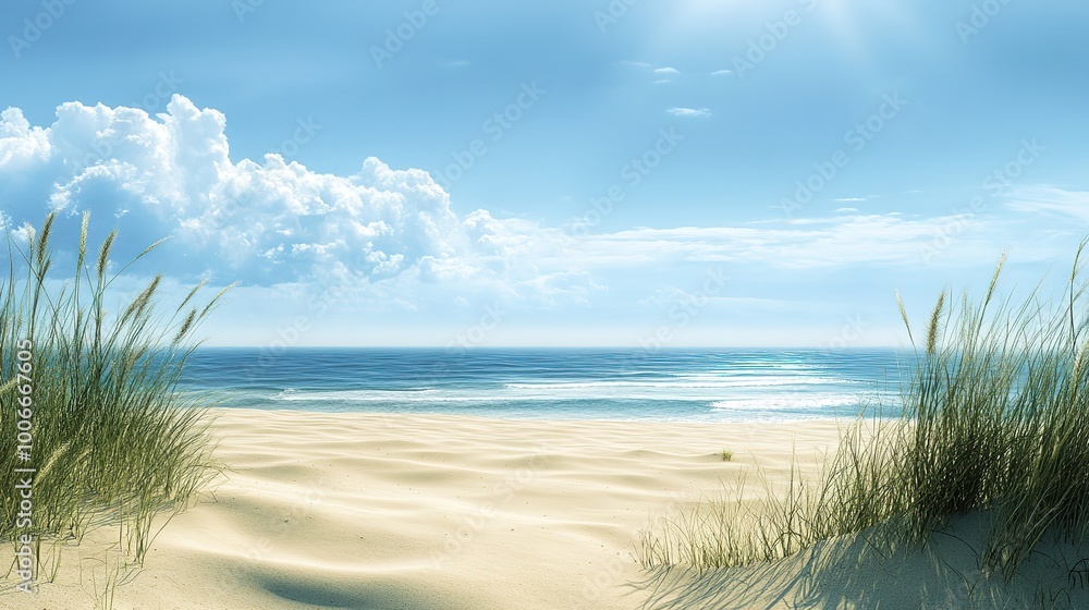 Tranquil Beach Scene with Soft Sand and Gentle Waves Tranquil Beach Scene with Soft Sand and Gentle Waves