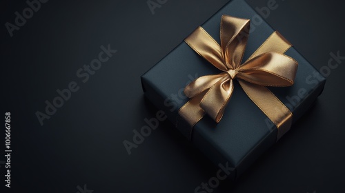 A beautifully wrapped black gift box features a luxurious golden ribbon, conveying sophistication and elegance.