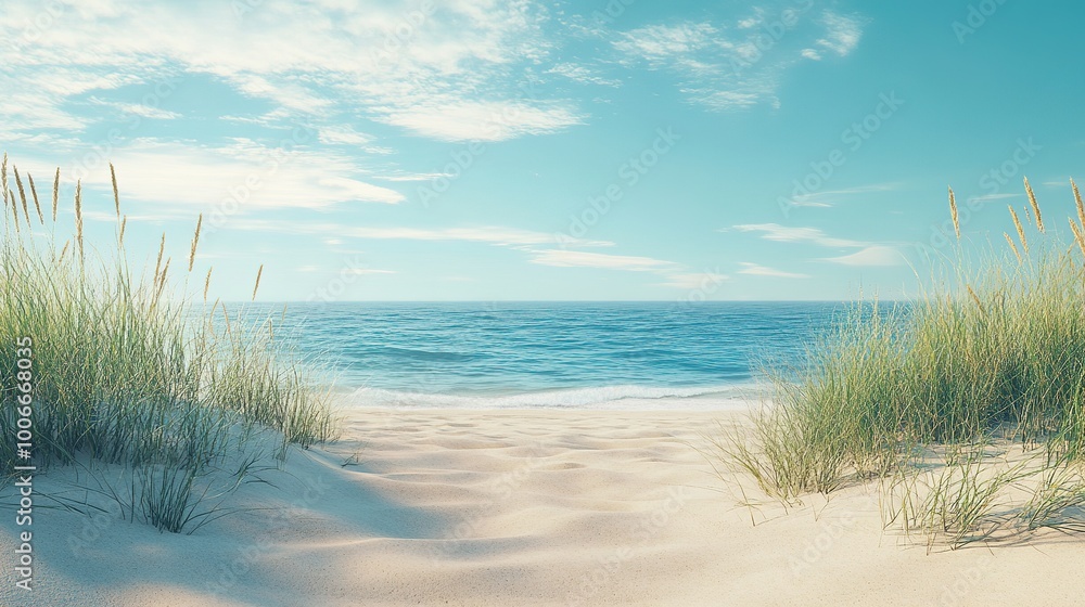Serene Beach Landscape with Gentle Waves and Grass Serene Beach Landscape with Gentle Waves and Grass