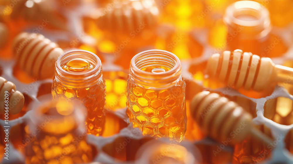 Golden honey jars with wooden dippers, a sweet and natural treat. Golden honey jars with wooden dippers, a sweet and natural treat.
