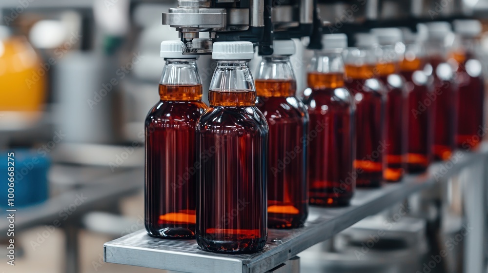 A production line featuring brown liquid bottles in a manufacturing process, showcasing modern bottling techniques and efficiency. A production line featuring brown liquid bottles in a manufacturing process, showcasing modern bottling techniques and efficiency.