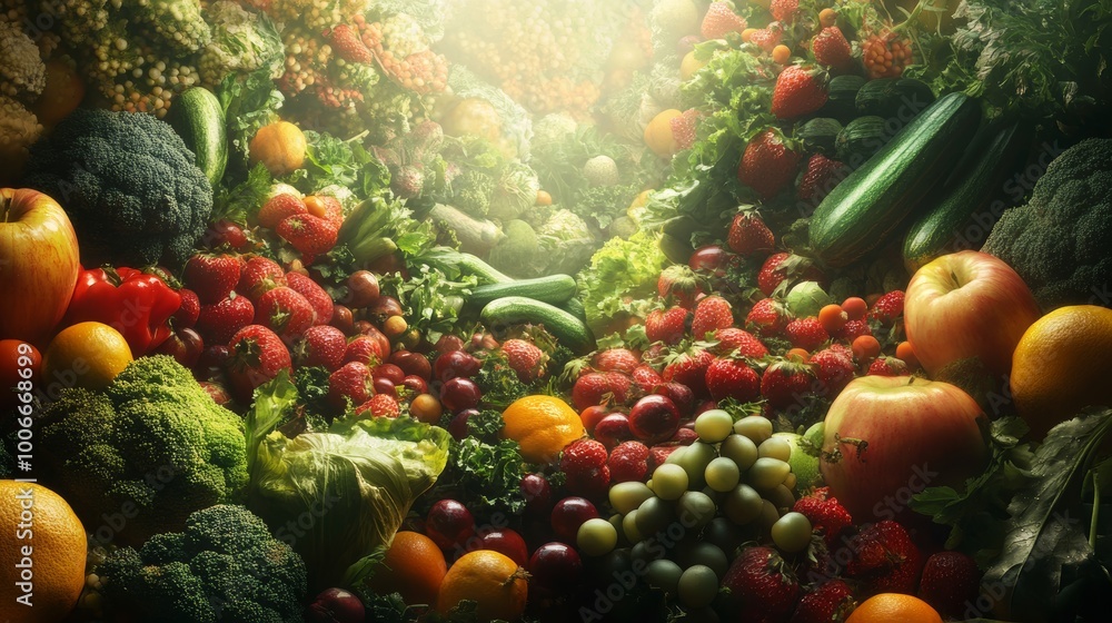 Fototapeta premium A lush collection of fresh fruits and vegetables basking in sunlight, showcasing a vibrant and healthy produce spread.