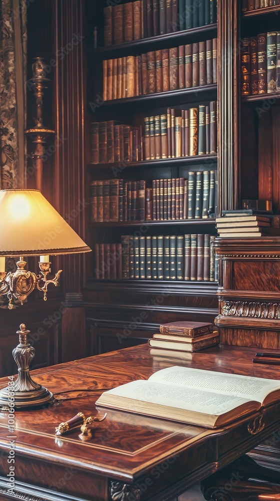 Elegant library interior with a wooden desk, lamp, and shelves filled with classic books, creating a cozy reading atmosphere. Elegant library interior with a wooden desk, lamp, and shelves filled with classic books, creating a cozy reading atmosphere.