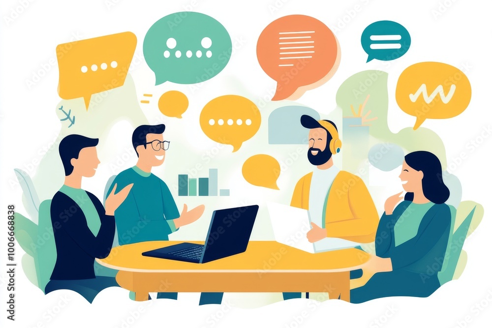 A group of people discussing a new job applicant with a colleague in the office. Flat cartoon illustration generating AI based on generative design. A group of people discussing a new job applicant with a colleague in the office. Flat cartoon illustration generating AI based on generative design.