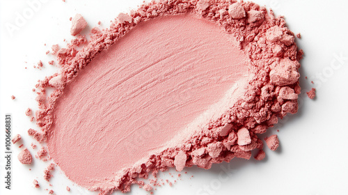 a rounded pan of soft pink powder blush on a white background