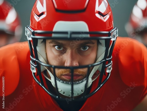 Focused football player ready for action in a bright red uniform.