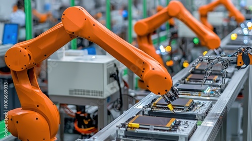 Automated robotic arms assembling electronics on a production line in a modern factory setting.