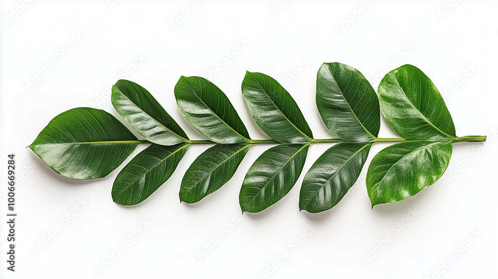 Obraz premium A branch with vibrant green leaves lays flat against a white background.