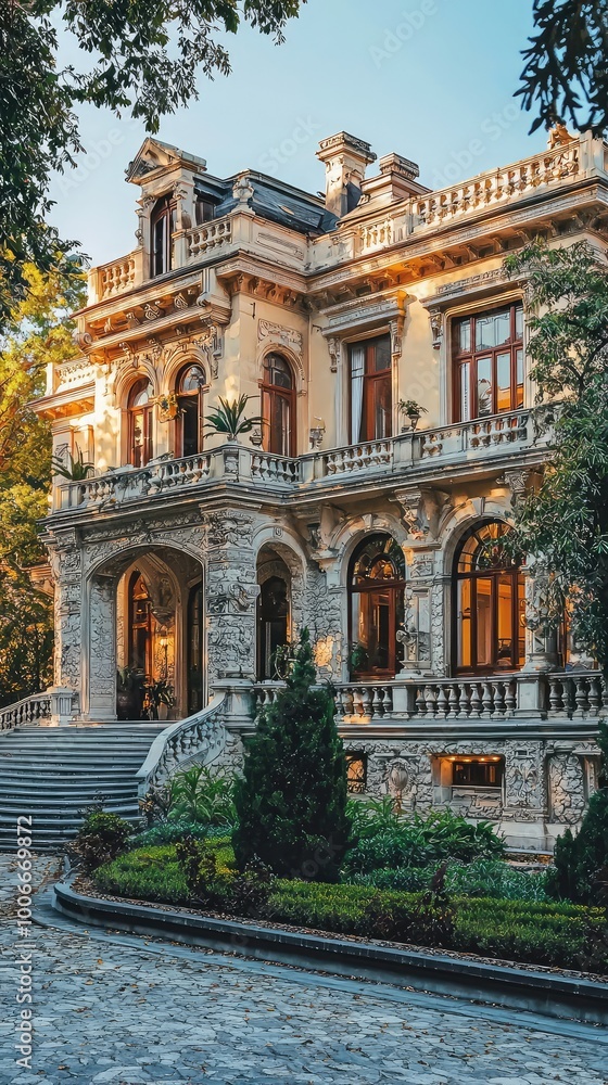 Fototapeta premium Elegant mansion with intricate architecture and lush greenery, showcasing beautiful design in a serene environment.