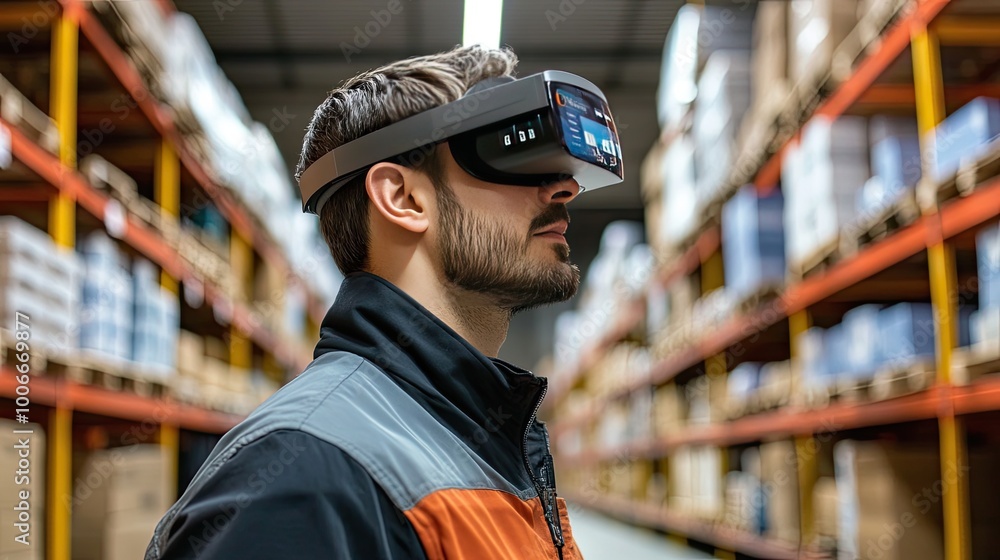 A worker in a warehouse uses augmented reality goggles to manage package picking and delivery. Digital displays enhance accuracy in this futuristic logistics setting. A worker in a warehouse uses augmented reality goggles to manage package picking and delivery. Digital displays enhance accuracy in this futuristic logistics setting.