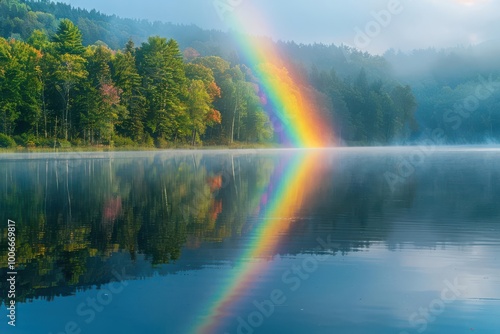 Rainbow reflected in a calm lake, surrounded by misty forest and soft sunlight, rainbow, reflection, serenity and nature s balance photo